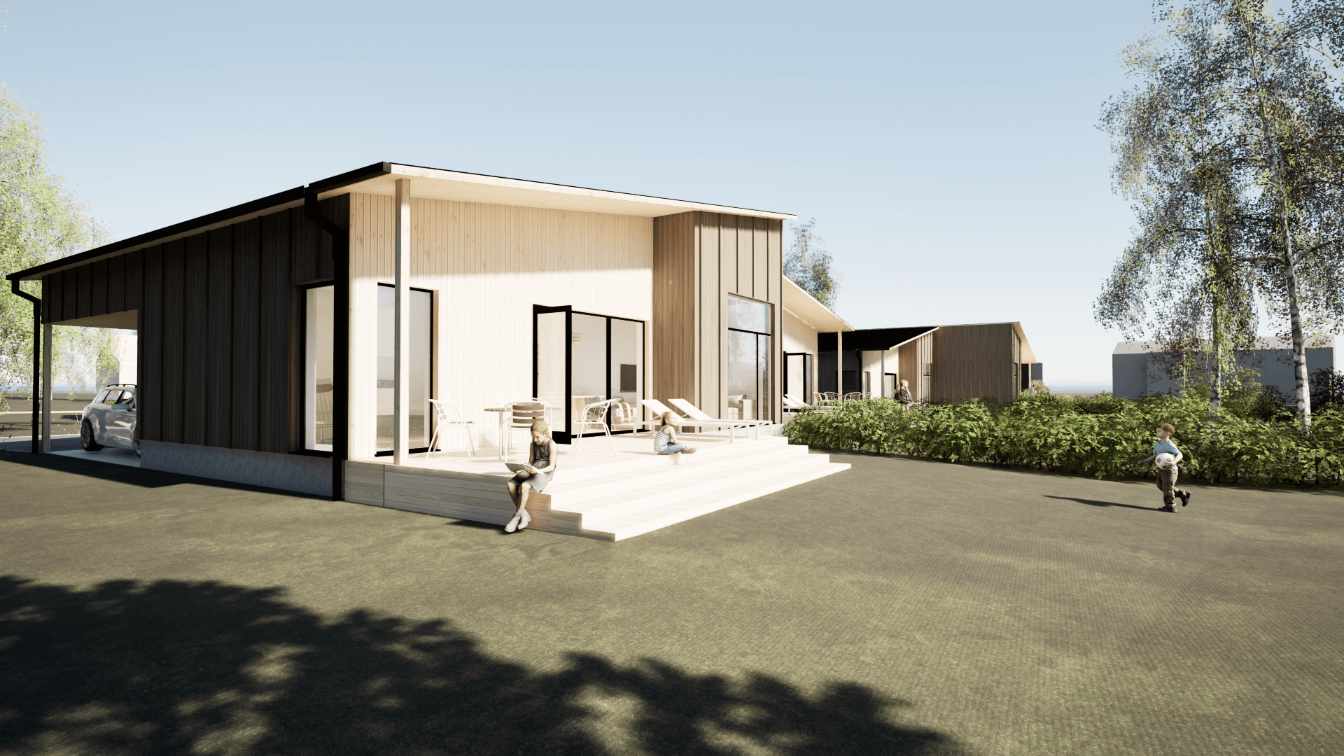 Moderni yksikerroksinen talo, jossa on puuverhous, katettu autokatos ja korotettu etukansi nurmikkoisella maisemalla.
