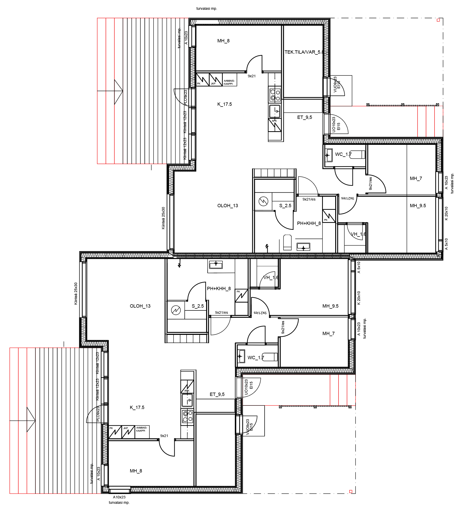 Tekninen arkkitehtoninen pohjapiirros, joka näyttää rakennuksen huoneiden, seinien, oviaukkojen ja sisämittojen asettelun.