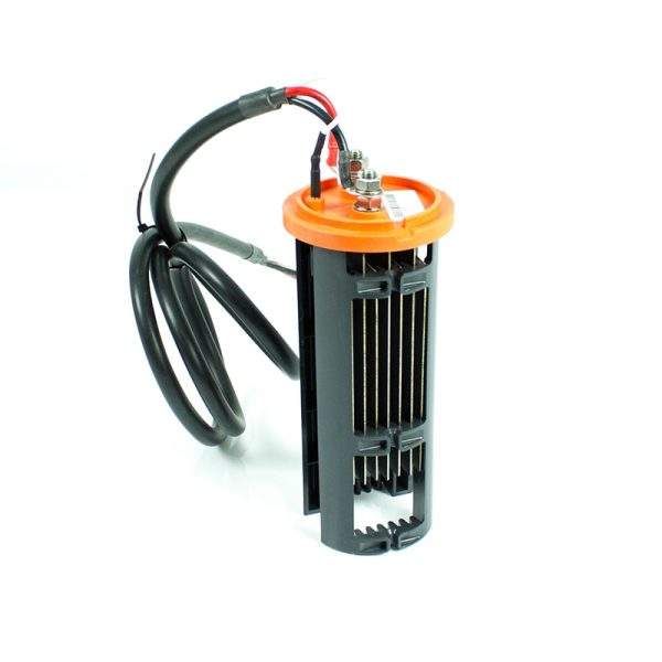 Un dispositivo negro y naranja con cables conectados a él.