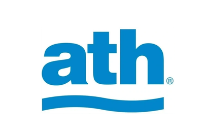 Un logotipo azul sobre un fondo blanco.