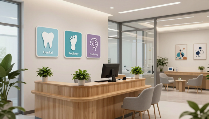 Recepción moderna de clínica dental con escritorio de madera, decoración mural con motivos dentales y una luminosa sala de espera.