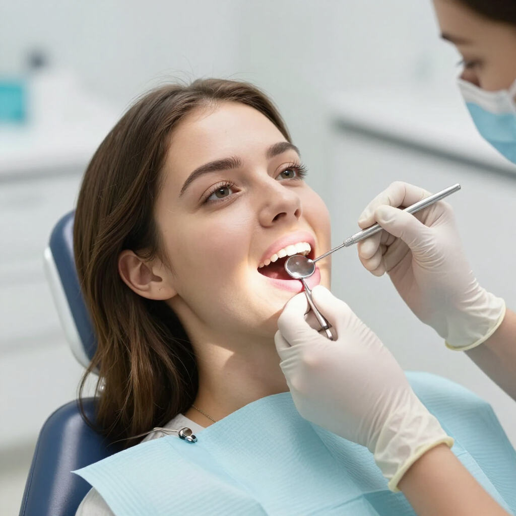 Dentista examinando la boca de un paciente sonriente con instrumentos dentales en una clínica luminosa.
