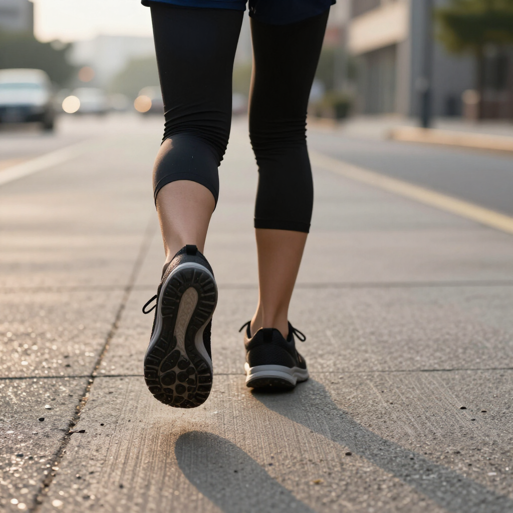 Persona trotando por una calle de la ciudad al atardecer, vista desde atrás, con mallas negras y zapatillas deportivas.