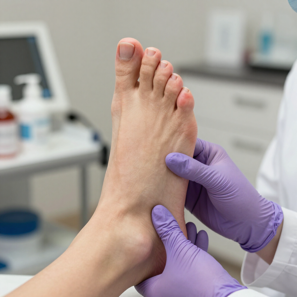 Un médico con guantes examina el pie de un paciente en un consultorio médico.