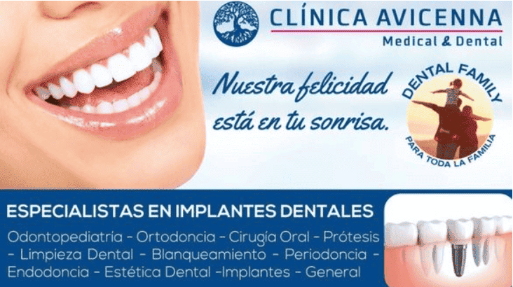 Anuncio de la Clínica Avicena con boca sonriente, logotipo y texto que enumera las especialidades dentales.