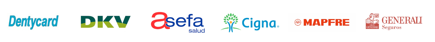 Fila de seis logotipos de seguros de salud: DKV, Asefa, Cigna, MAPFRE y otros sobre un fondo blanco.