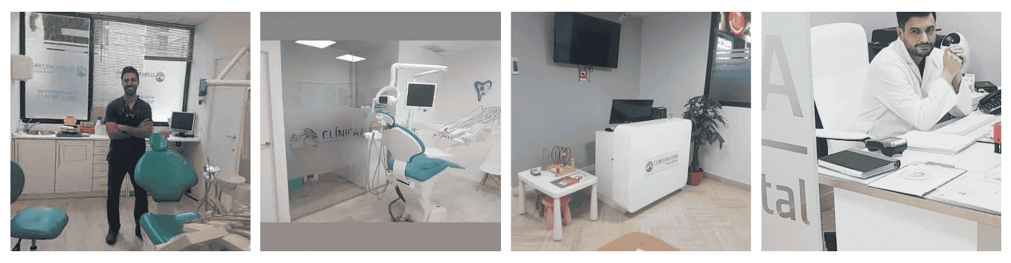 Collage de cuatro escenas de una clínica médica con pacientes y personal en salas de examen y áreas de recepción.