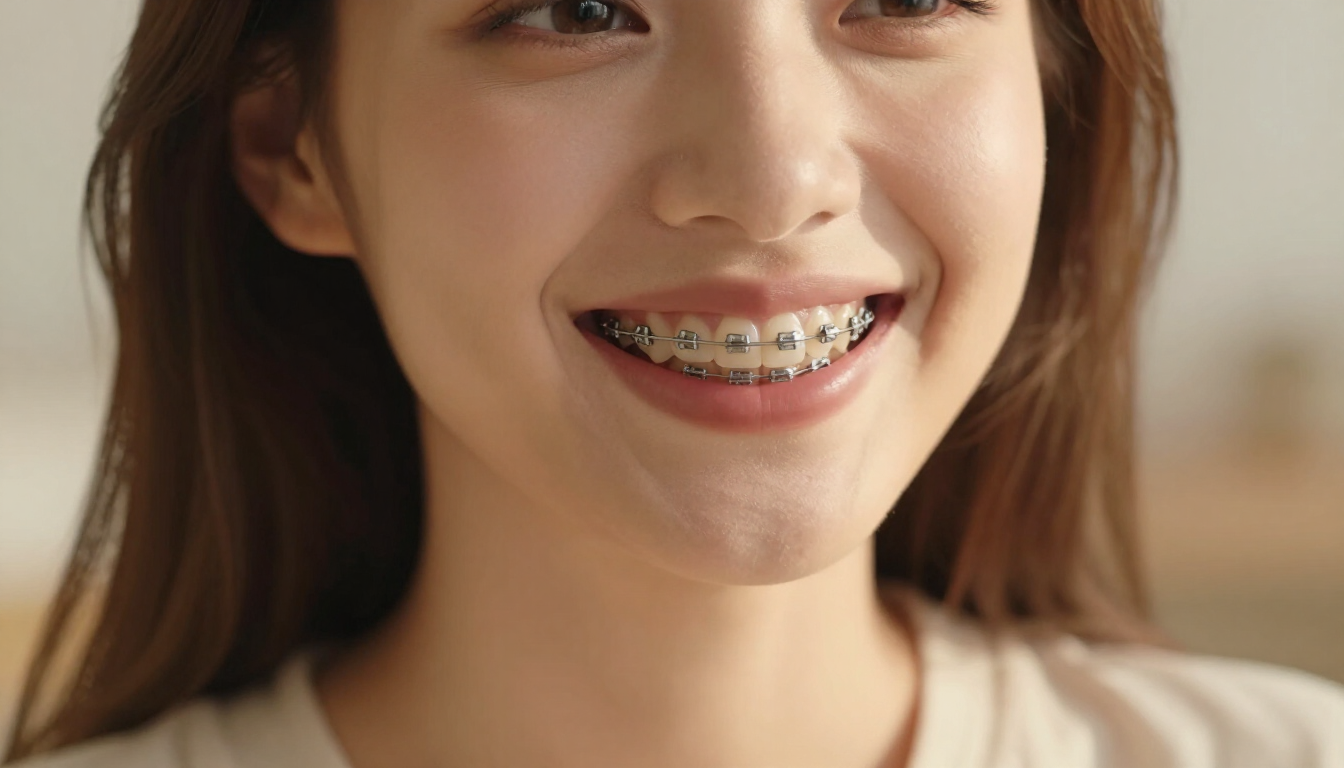 Primer plano de una persona sonriente con aparatos de ortodoncia en los dientes.