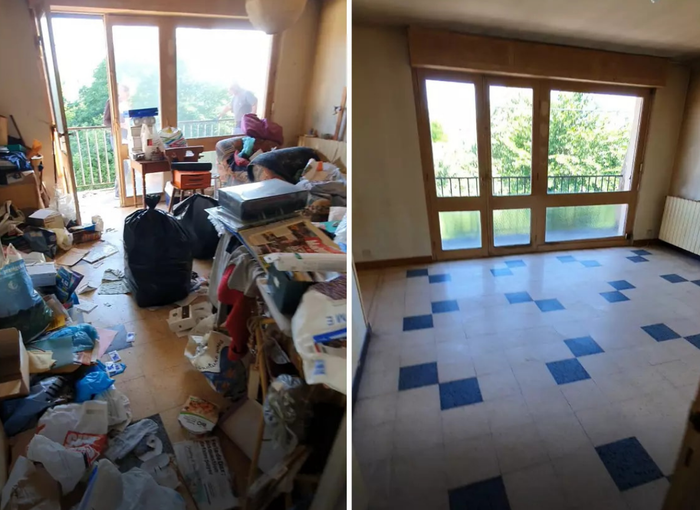 Une photo avant et après d'un salon en désordre