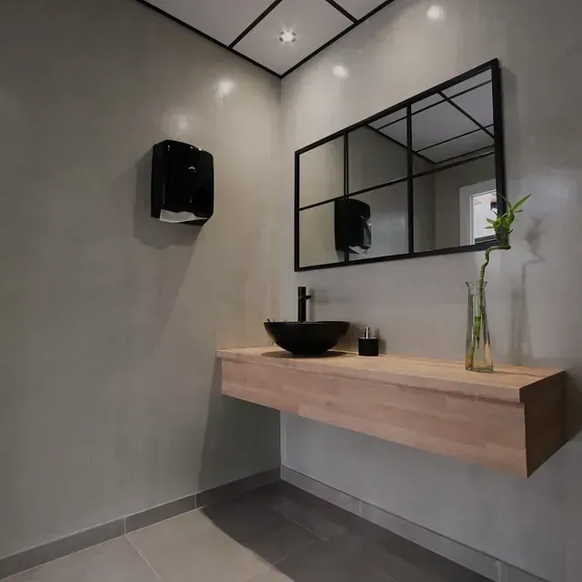 Un baño con un lavabo y un espejo en la pared.