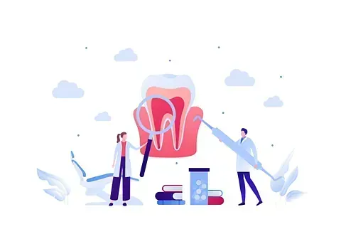 Un dentista está examinando un diente con una lupa y una jeringa.