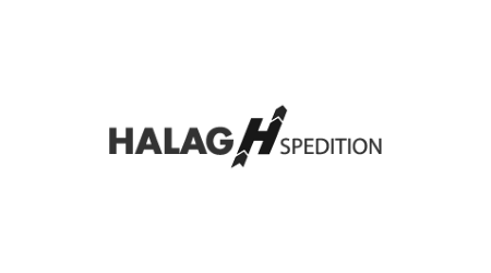 Logo für Halag H Spedition, schwarzer Text mit stilisierten Pfeilen auf dem „H“.