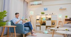 Un homme assis dans un fauteuil utilise un ordinateur portable dans un salon moderne et lumineux agrémenté de plantes et d'étagères.