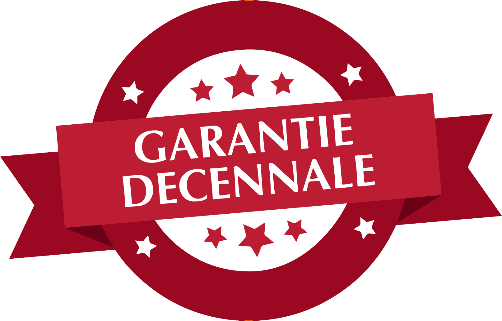 Un cercle rouge avec un ruban rouge qui dit garantie décenne
