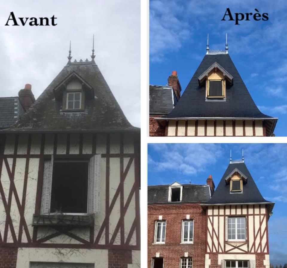 Rénovation du toit d'une maison à colombages.