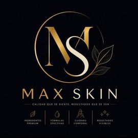 Logotipo dorado “MS” sobre “MAX SKIN” sobre un fondo negro con iconos de cuidado de la piel y texto del eslogan.