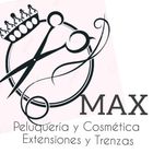 Logo de sal&oacute;n de belleza con tijeras y peineta, texto &ldquo;MAX Peluquer&iacute;a y Cosm&eacute;tica, Extensiones y Trenzas&rdquo;.