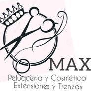 Logo de sal&oacute;n de belleza con tijeras y peineta, texto &ldquo;MAX Peluquer&iacute;a y Cosm&eacute;tica, Extensiones y Trenzas&rdquo;.