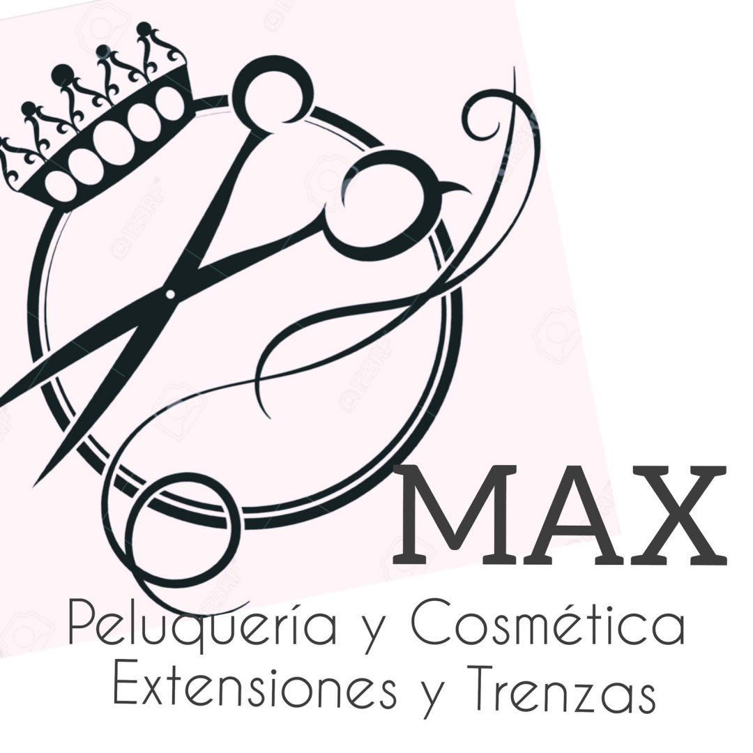 Logo de sal&oacute;n de belleza con tijeras y peineta, texto &ldquo;MAX Peluquer&iacute;a y Cosm&eacute;tica, Extensiones y Trenzas&rdquo;.