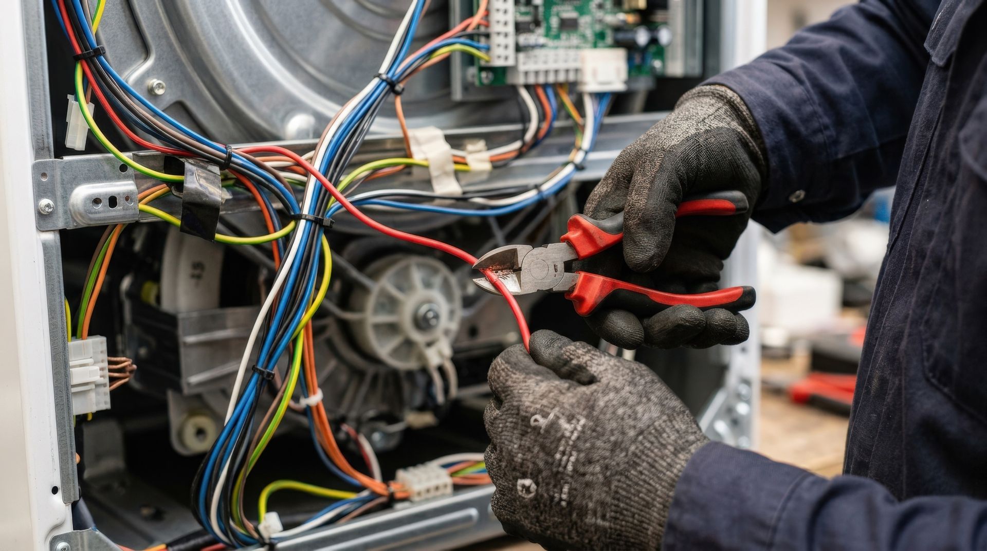 Un technicien ganté câble le panneau de commande d'une machine avec des câbles multicolores et un connecteur rouge.
