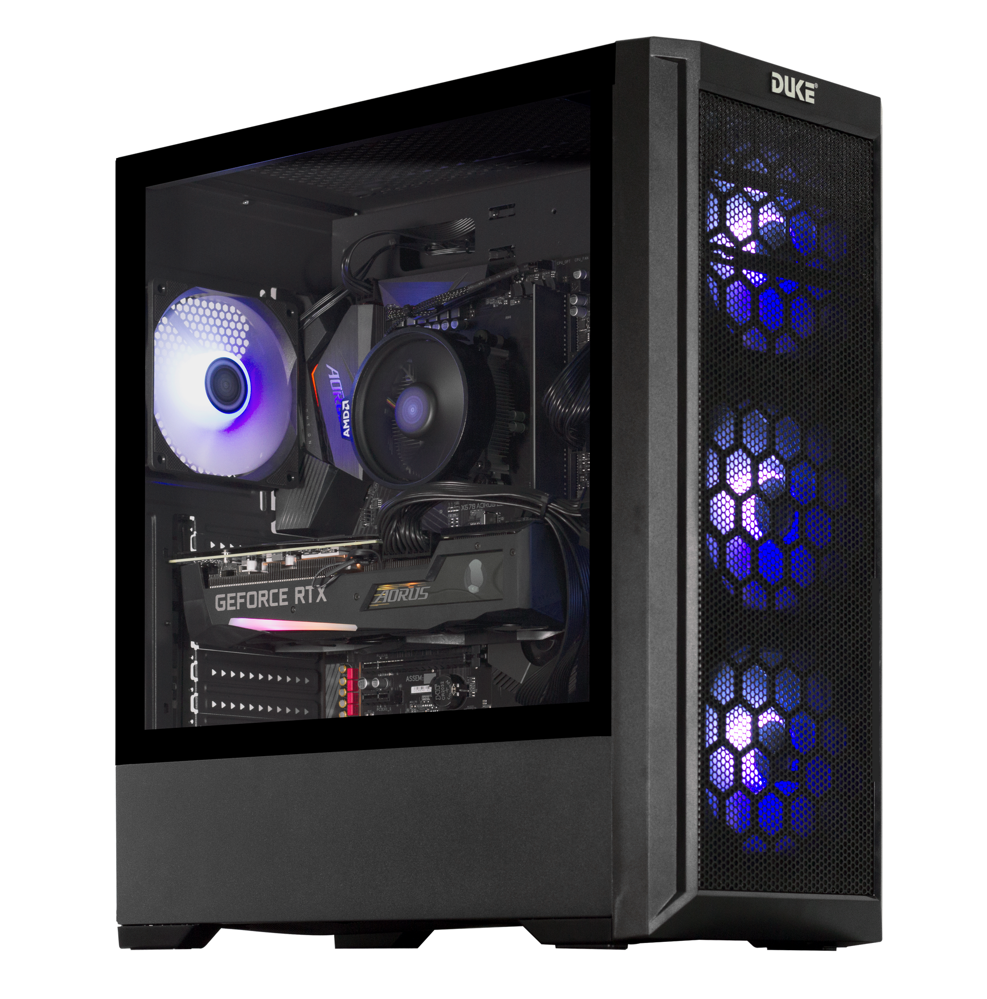 Tour PC gaming noire avec panneau latéral en verre et ventilateurs.