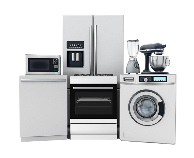 Des appareils électroménagers de la cuisine : micro-ondes, réfrigérateur, cuisinière, mixeur et lave-linge.