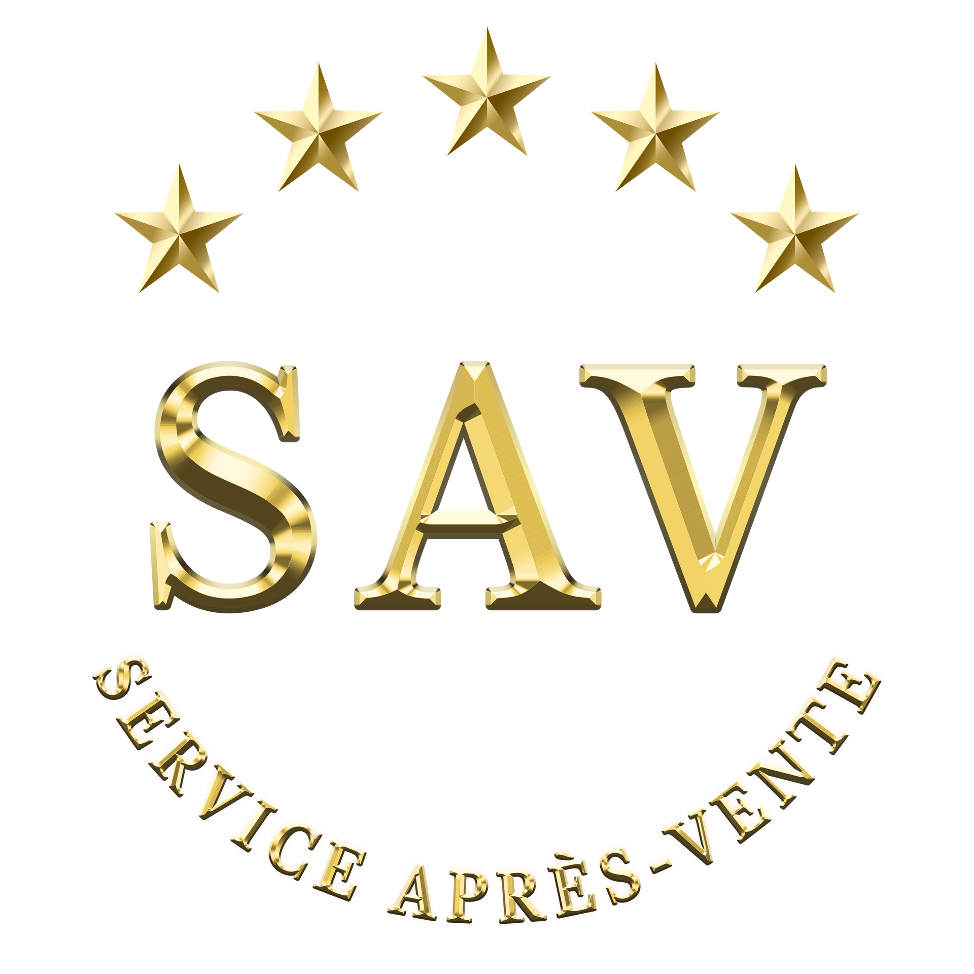 Logo SAV doré avec cinq étoiles et la mention SERVICE APRÈS-VENTE.