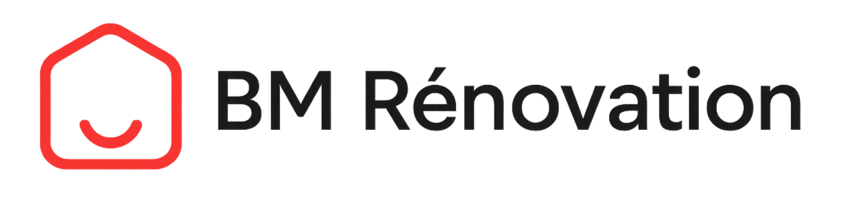 Logo pour BM Rénovation, mettant en vedette un contour de maison rouge avec un visage souriant.
