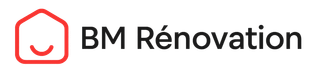 Logo pour BM Rénovation, mettant en vedette un contour de maison rouge avec un visage souriant.