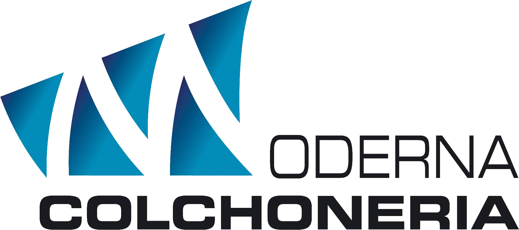 Logotipo para Moderna Colchoneria: Símbolo 'M' abstracto azul y blanco, con 'MODERNA' y 'COLCHONERIA' en texto negro.