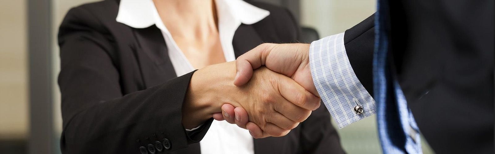 Dos personas vestidas de traje de negocios dándose la mano durante una reunión.