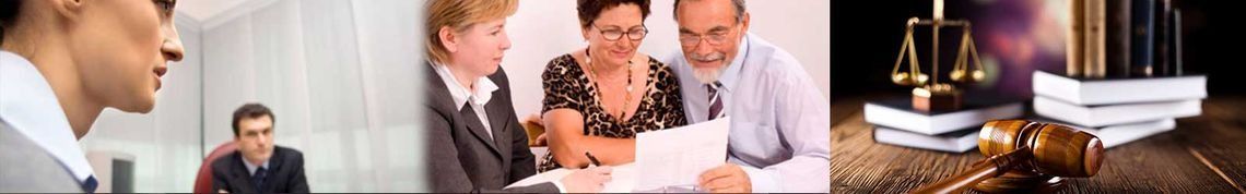 Collage de escenas de reuniones de negocios con personas discutiendo documentos y una balanza de escritorio legal.