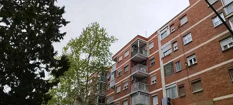 Un gran edificio de ladrillo con muchas ventanas y balcones está rodeado de árboles.