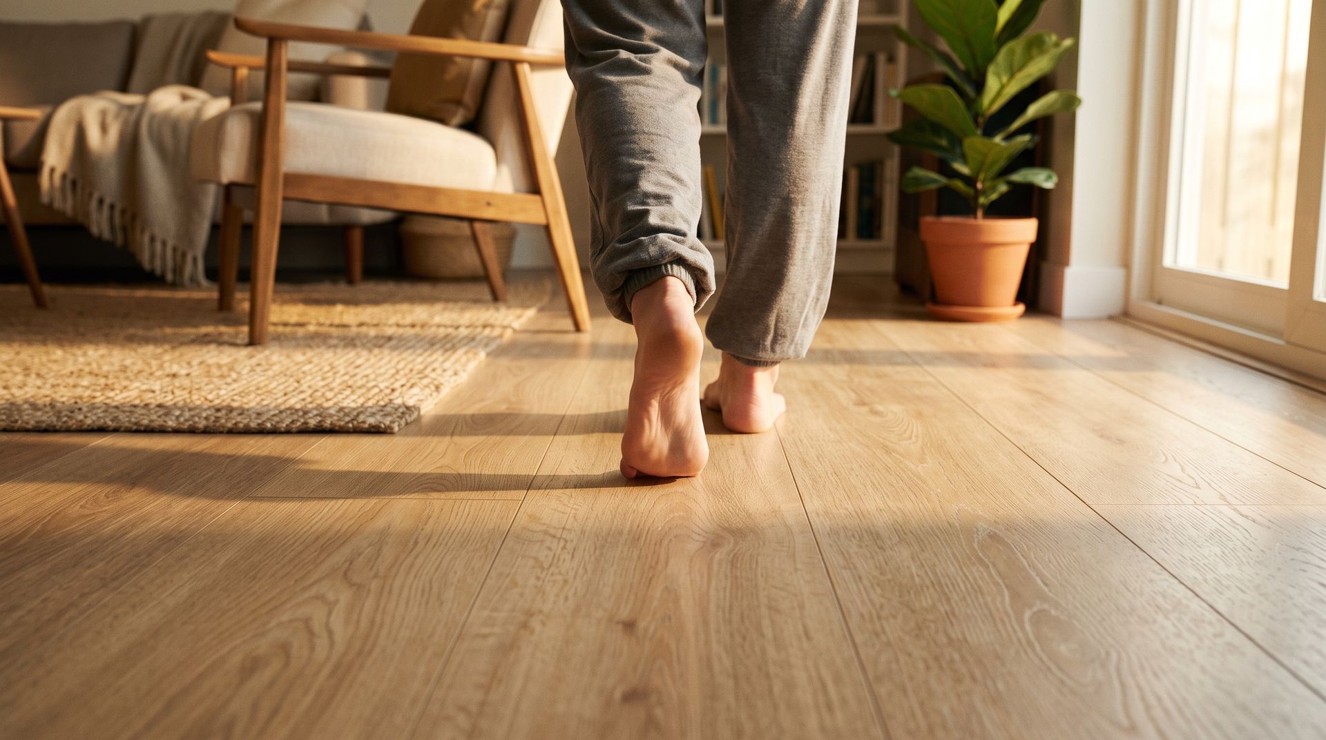 Des pieds nus marchant sur un parquet ensoleillé dans un salon chaleureux.