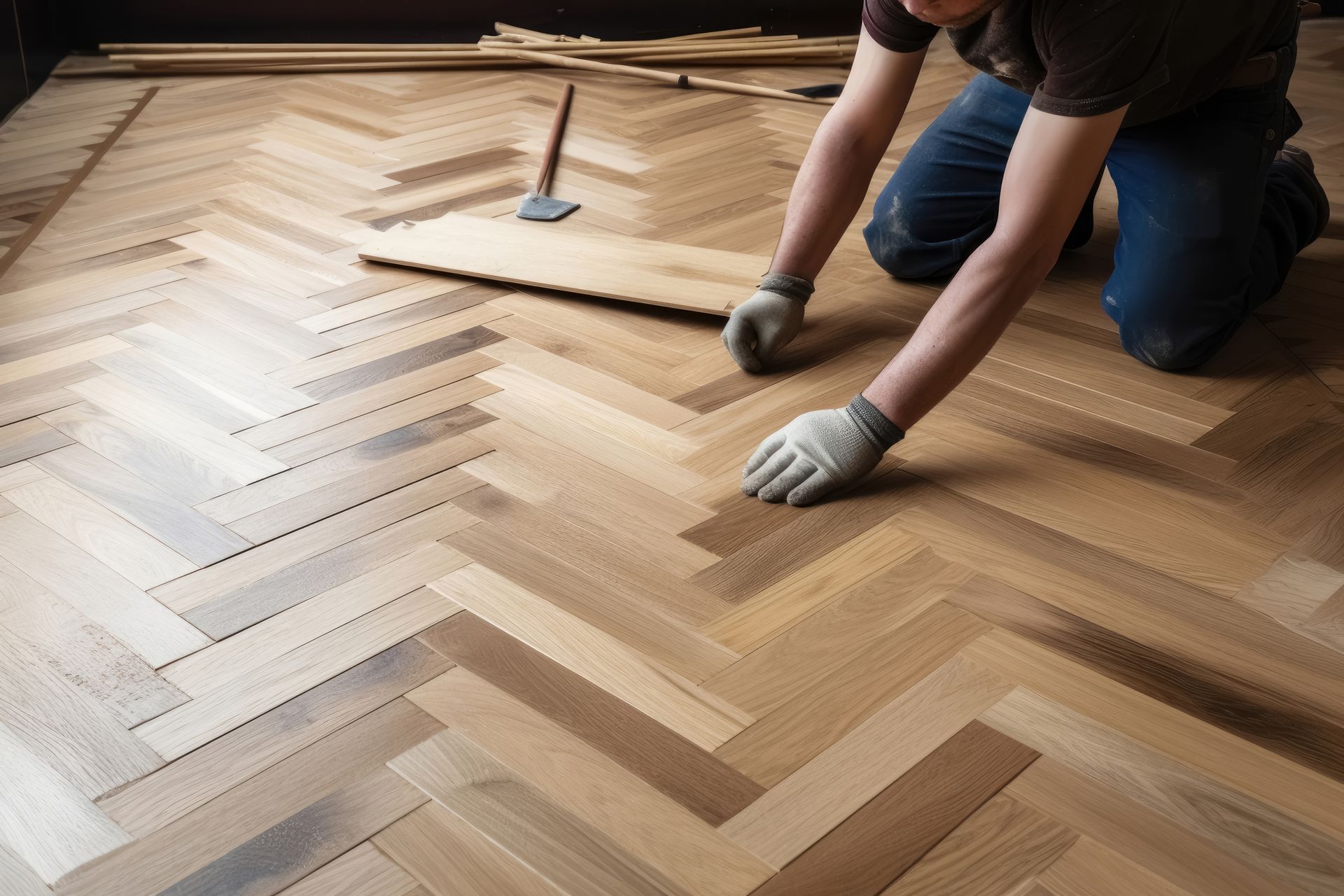 Ouvrier posant un parquet en bois à chevrons, avec un marteau et des gants.