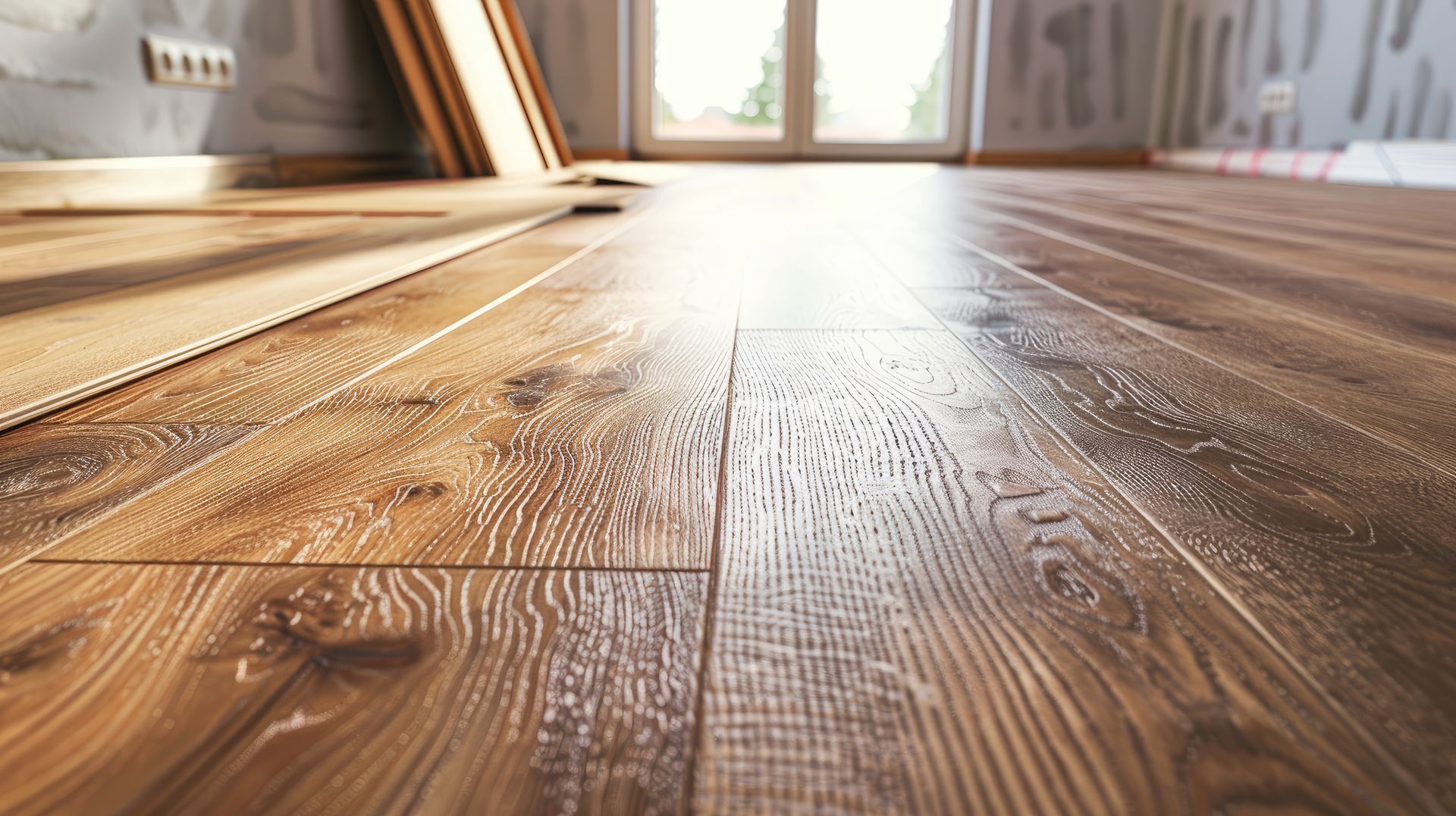 Des lames de parquet en bois baignées de soleil dans une pièce lumineuse, où la lumière douce se reflète depuis une fenêtre.