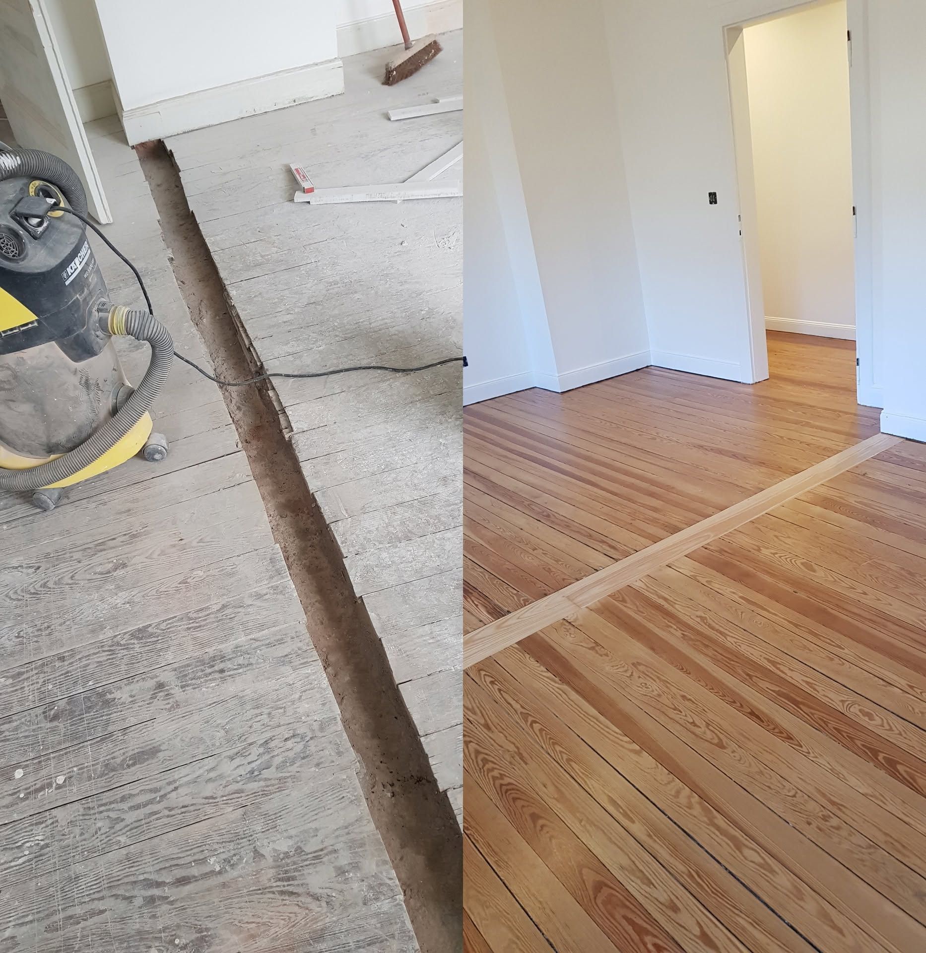 Vue partagée d’un sol endommagé en cours de réparation et d’un parquet terminé dans un couloir.
