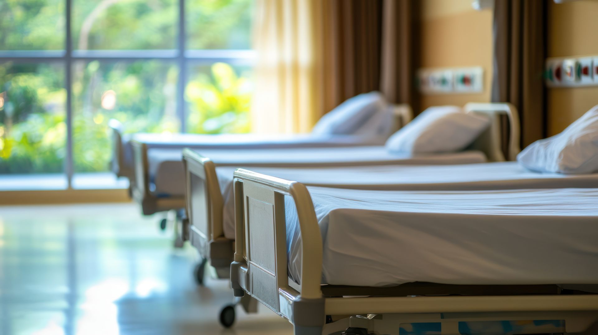 Des lits d'hôpital alignés, avec des draps blancs, près d'une fenêtre laissant entrer la lumière et la végétation luxuriante.