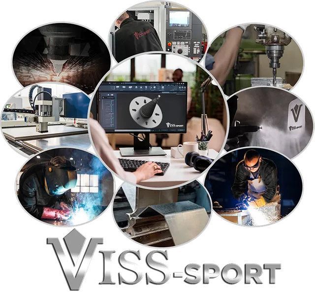 Logotipo de VISS-sport con collage de mecanizado CNC, soldadura y trabajo de diseño en un taller.