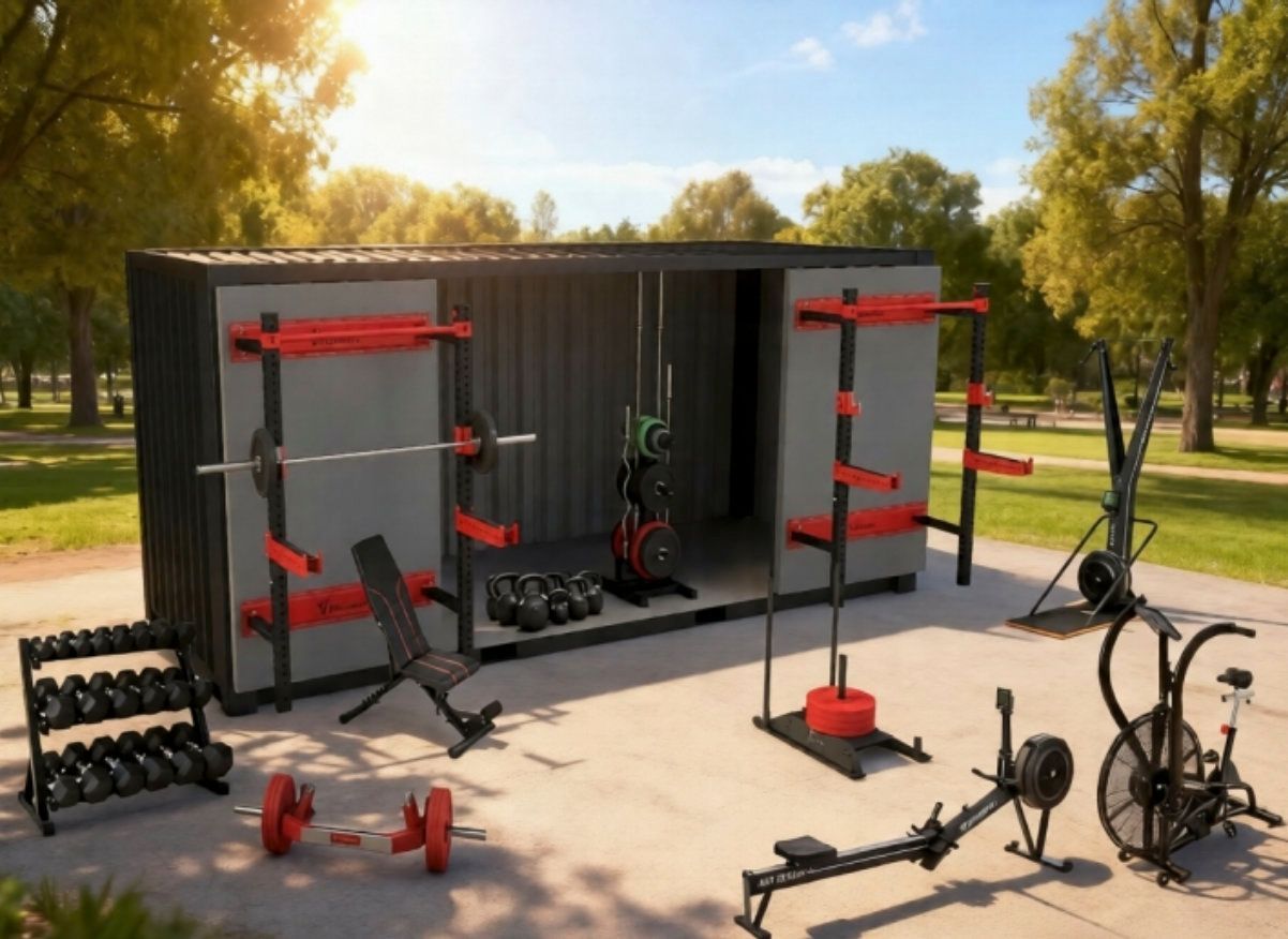 Estantería de metal negro con mancuernas, pesas rusas, rodillos de espuma y esterillas de yoga contra una pared gris.