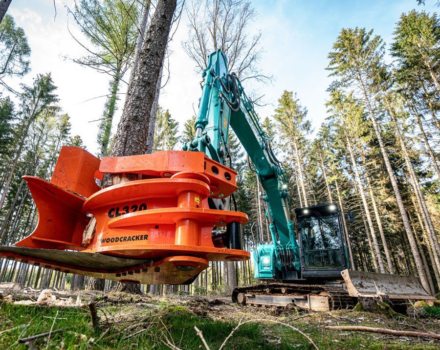 Ein großer Bagger fällt in einem Wald einen Baum.