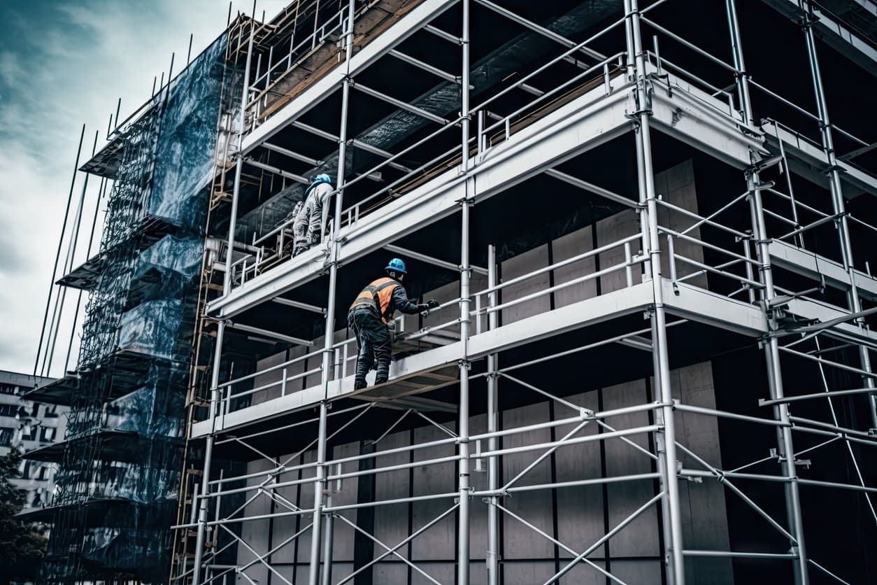 Un hombre está de pie sobre un andamio al costado de un edificio en construcción.