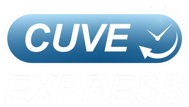 Logo de Cuve Express avec ovale bleu, texte blanc et motif d'horloge/fl&egrave;che.