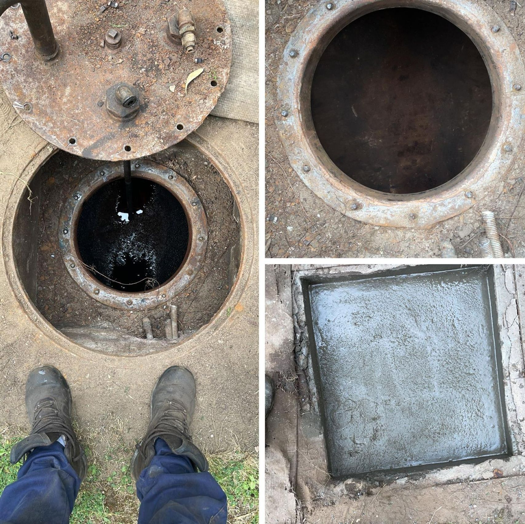 Image composée de trois éléments : une trappe d’accès, un couvercle et un carré de béton au sol. On aperçoit les bottes d’une personne sur l’image.