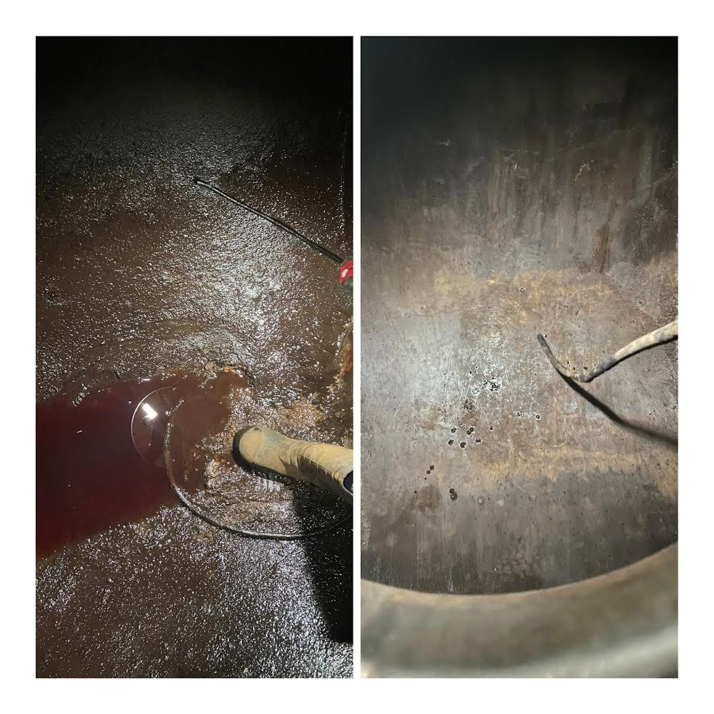 Deux photos côte à côte : une surface sombre et humide d’où s’écoule un liquide, et un récipient rouillé et vide.