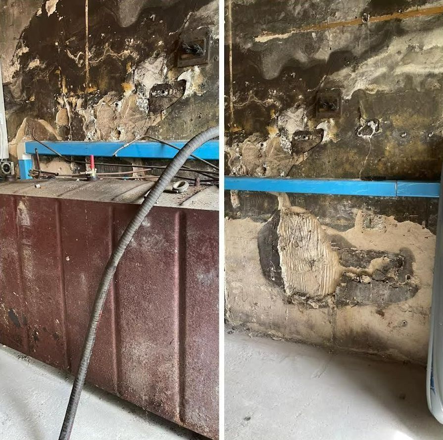 Deux vues d'un mur intérieur humide, montrant de la peinture qui s'écaille et des décolorations, à côté d'un réservoir marron et d'un tuyau bleu.