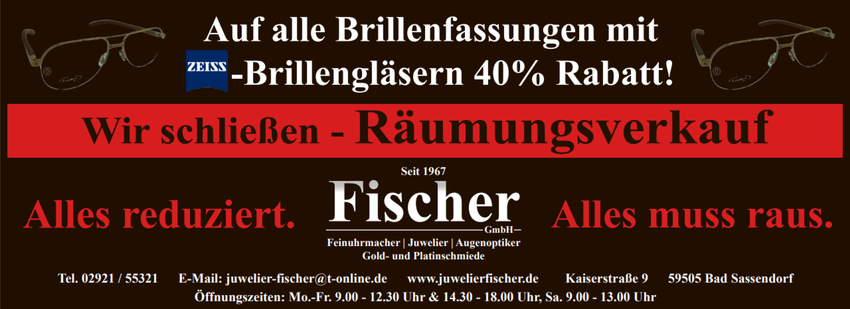 Eine Werbung für Fischer zeigt Uhren und Schmuck