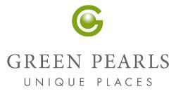 Das Logo von Green Pearls Unique Places besteht aus einem grünen G und einer weißen Perle.
