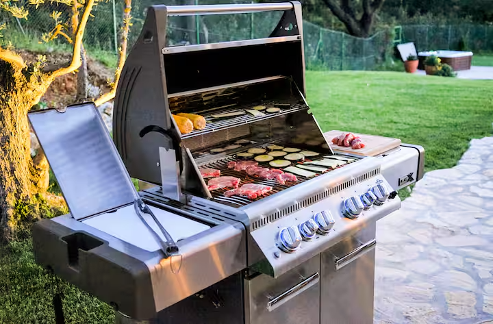 Napoleon gas grill with steaks and vegetables in the garden