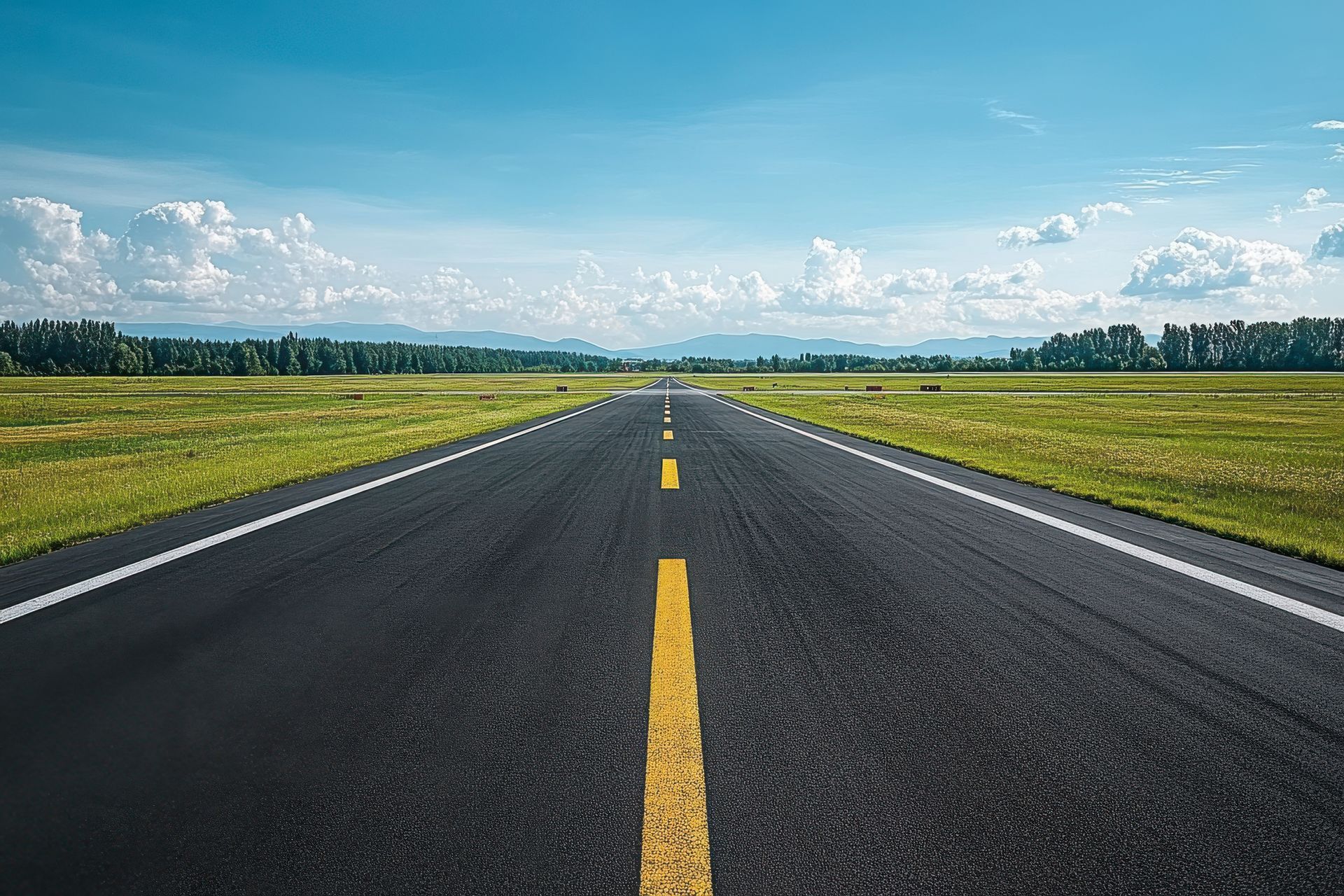 Une route goudronnée s'étend à perte de vue à travers un paysage plat et herbeux, sous un ciel bleu parsemé de nuages ​​épars.